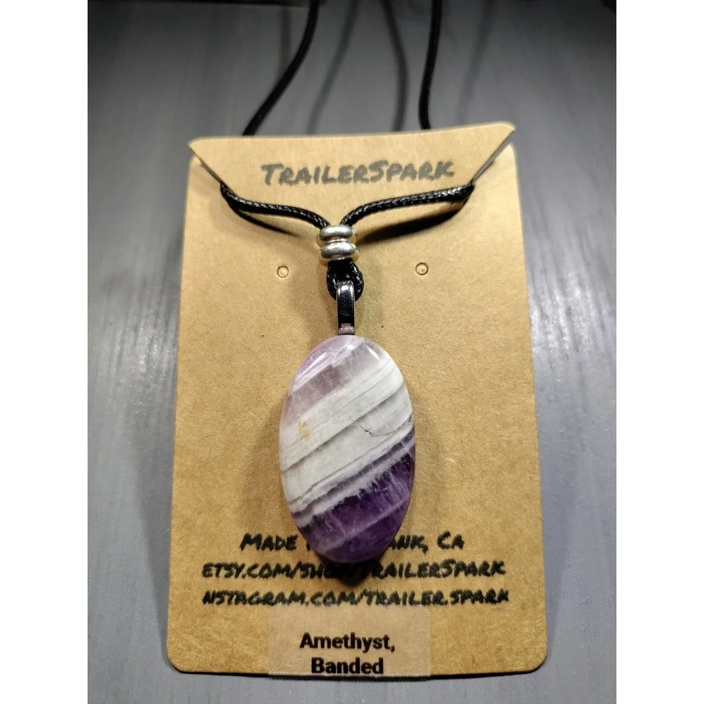 TrailerSpark Banded Amethyst Pendant Necklace 18in Black Waxed Cord Break Away